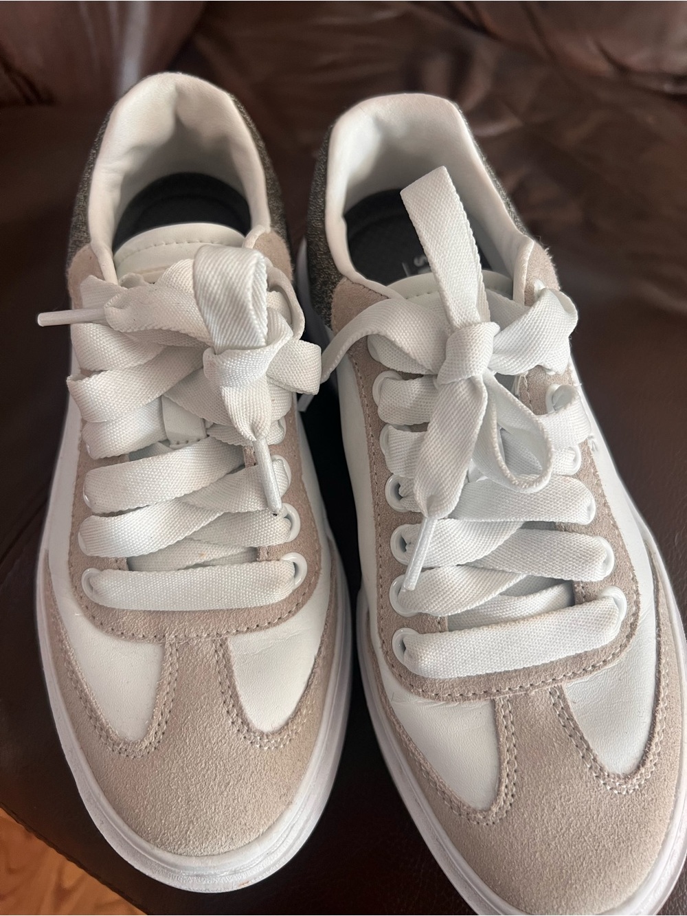 Skechers Women's White and Beige Lace-Up Sneakers